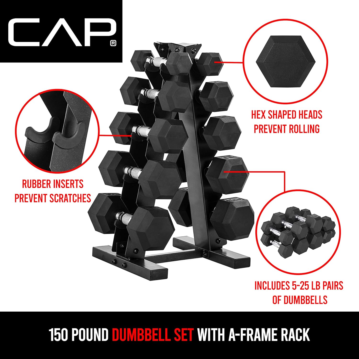 150 Lb Dumbbell Set with Vertical A-Frame Rack, Carbon