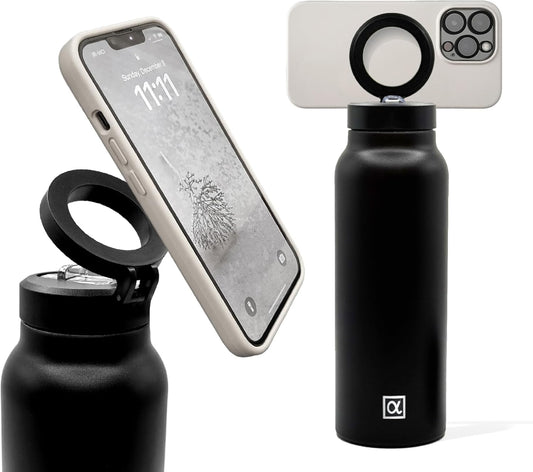 Magsafe Compatible Insulated Water Bottle with Magnetic Phone Holder *VALENTINE GIFT* 24Oz Hot 12H & Cold 24H 360 Rotate Double Wall Stainless Steel Magnetic Water Bottle Phone Mount with Straw